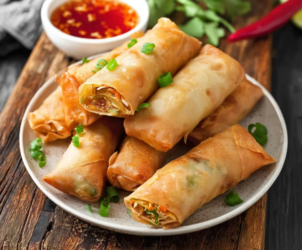 Crispy baked Chinese vegetable spring rolls with fresh cabbage, carrots, and green onions on a white plate.