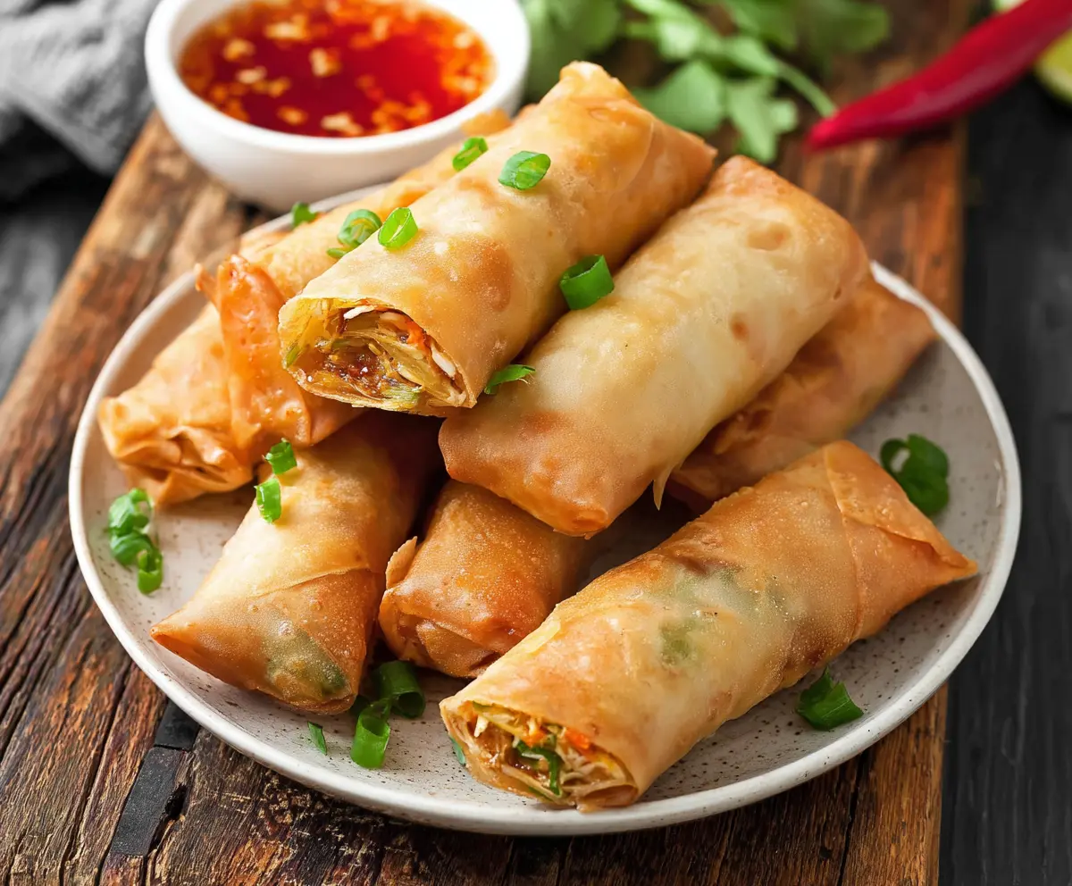 Crispy baked Chinese vegetable spring rolls with fresh cabbage, carrots, and green onions on a white plate.