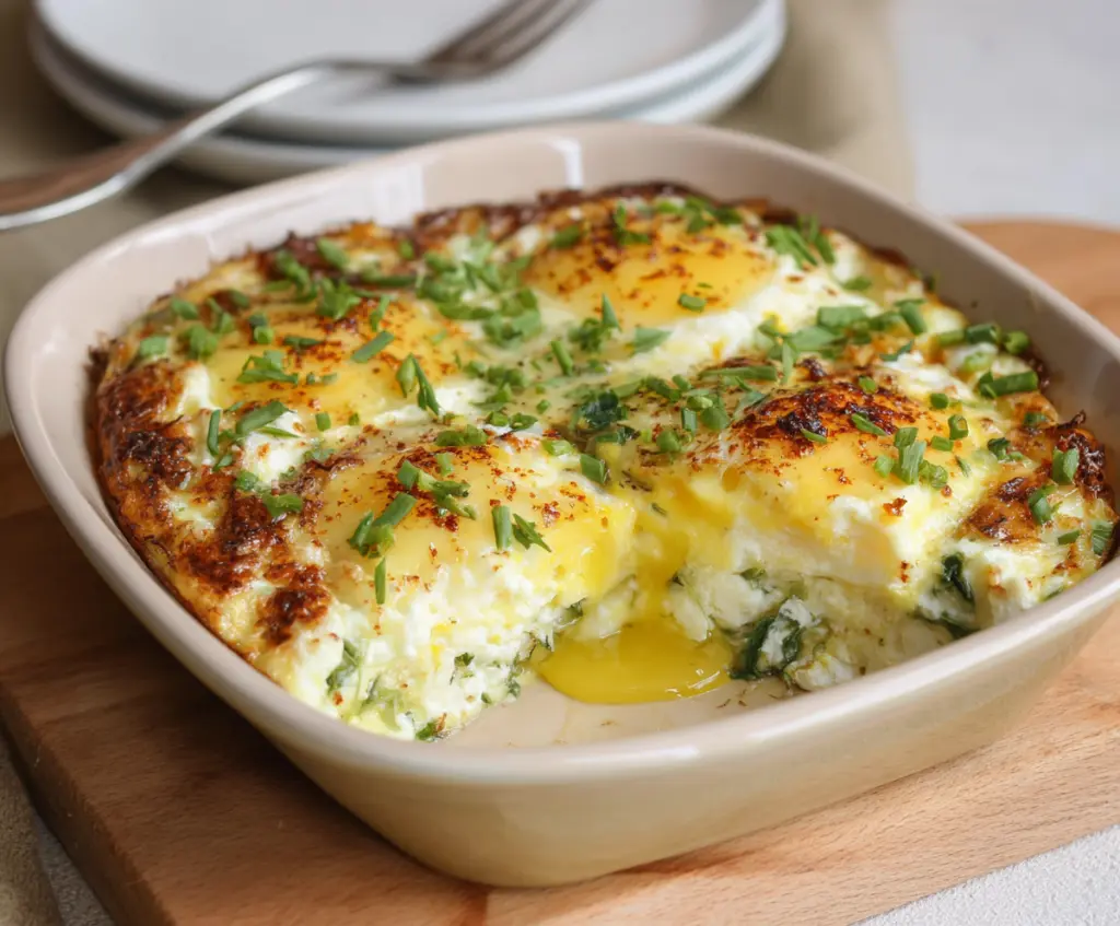 Healthy baked cottage cheese eggs served with fresh herbs, perfect for breakfast or brunch.