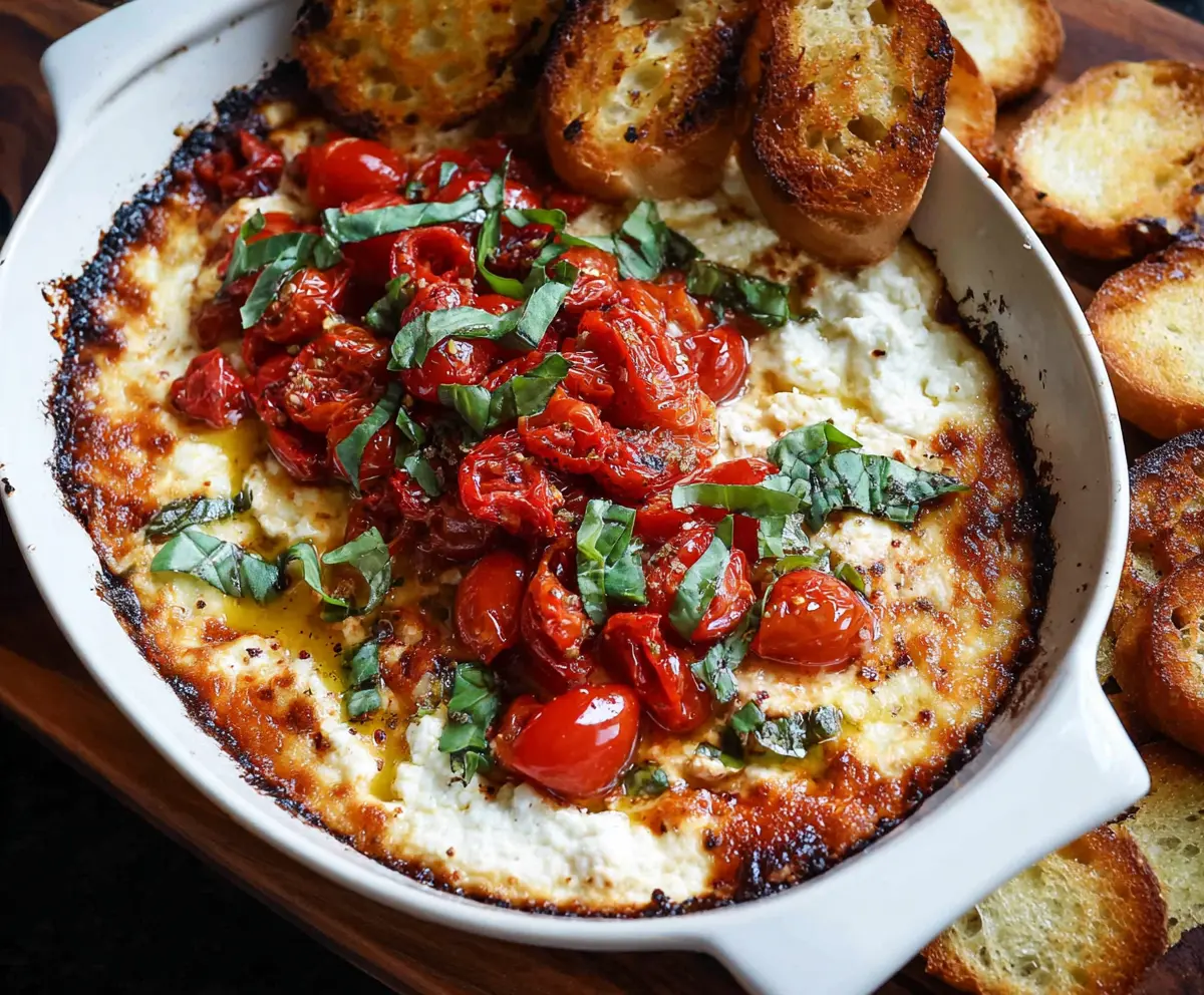 Delicious baked goat cheese bruschetta dip served with fresh baguette slices, perfect for appetizers.