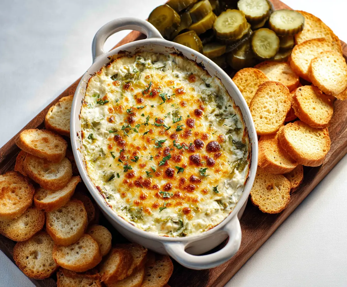 Creamy baked pickle dip served with fresh vegetables and crackers, perfect for snacks and parties.