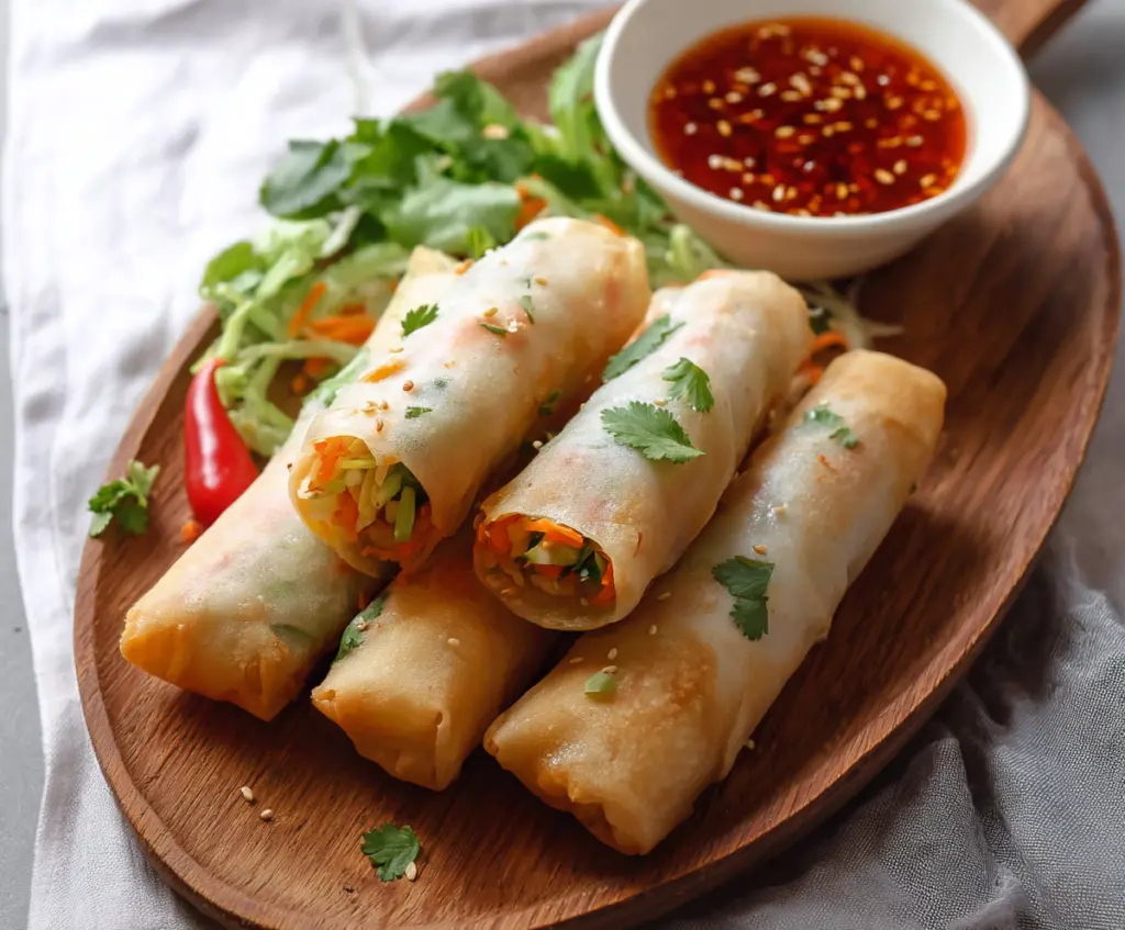 Fresh vegetable spring rolls with dipping sauce, perfect for healthy snacking.