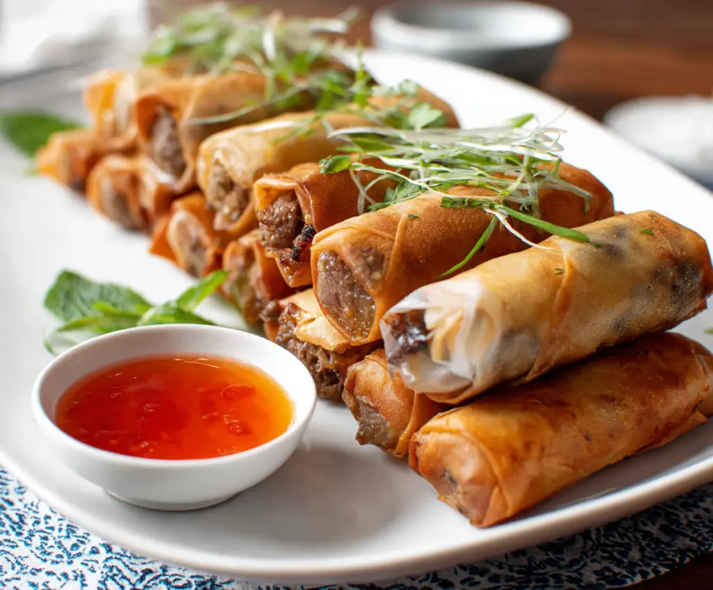 Delicious beef spring rolls with fresh vegetables wrapped in crispy rice paper.