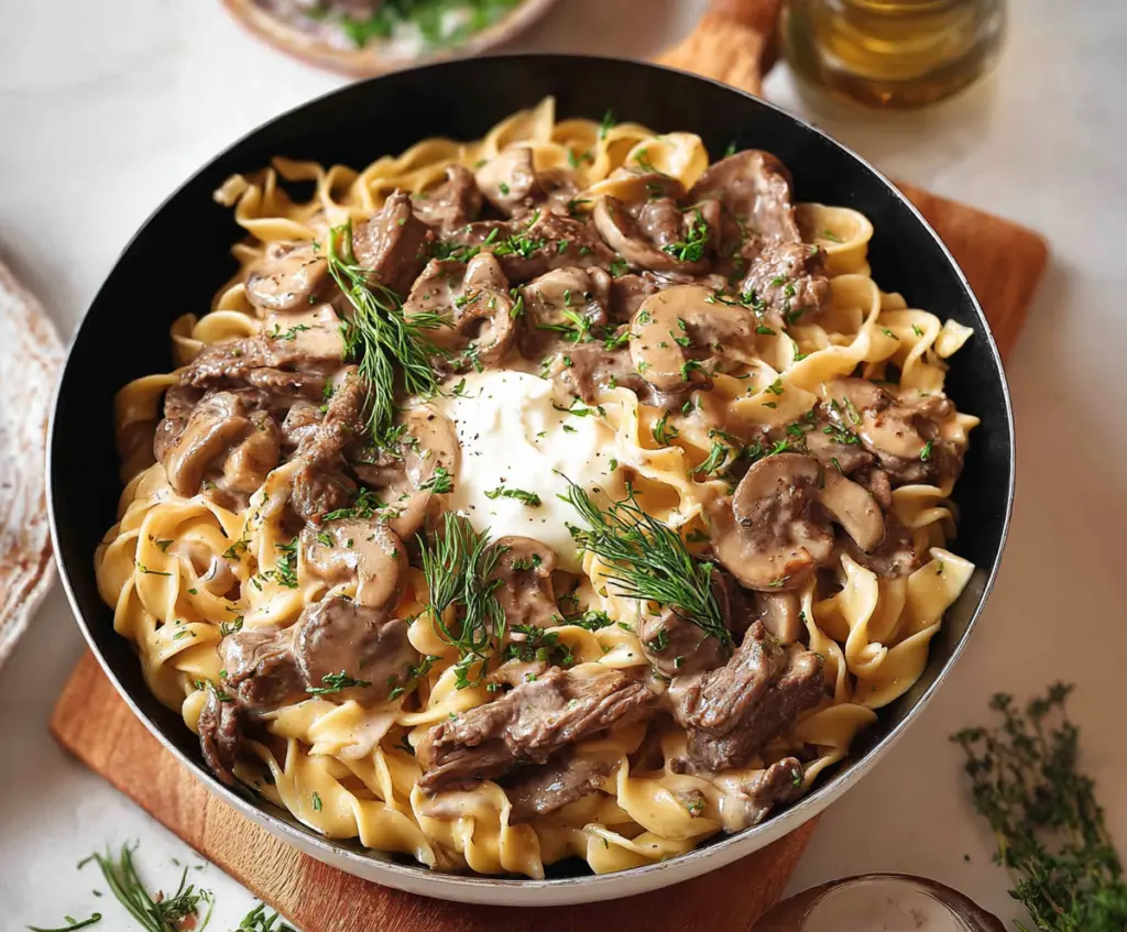 Creamy Beef Stroganoff Pasta served with tender beef strips and rich mushroom sauce.
