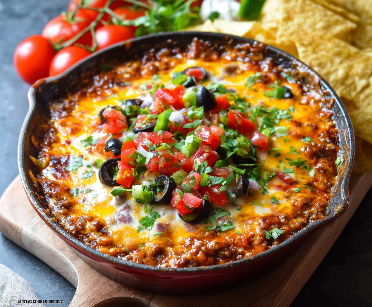 Delicious beefy taco dip garnished with cheese, lettuce, and tomatoes for a flavorful appetizer.