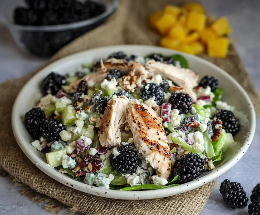 Refreshing Blackberry Cottage Cheese Chicken Salad with fresh berries and creamy cottage cheese