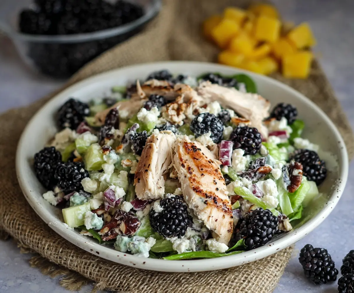 Refreshing Blackberry Cottage Cheese Chicken Salad with fresh berries and creamy cottage cheese