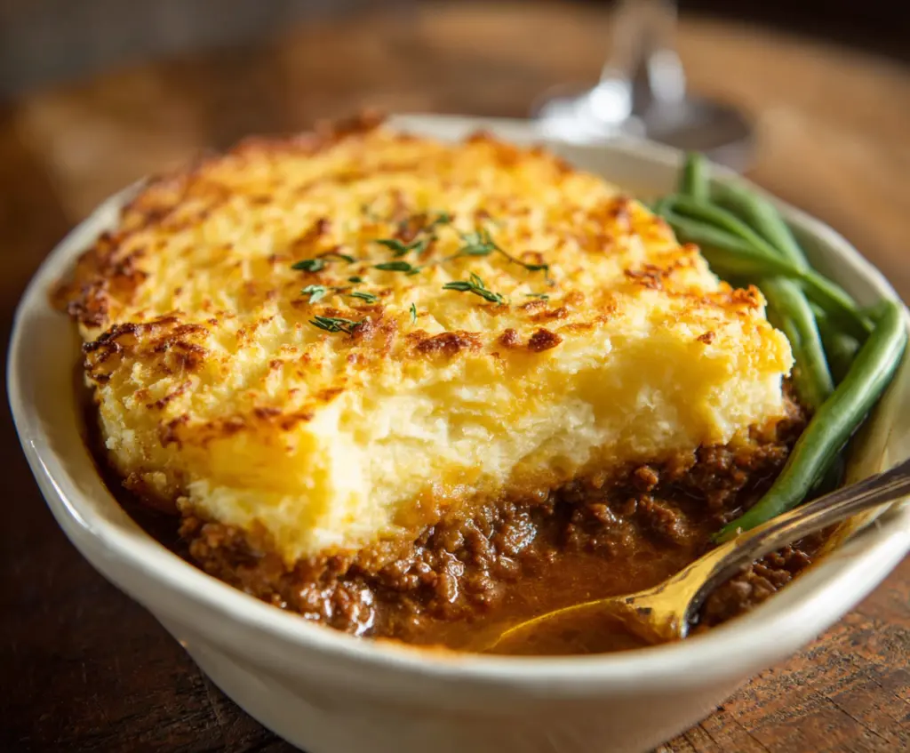 Classic British Shepherd's Pie with seasoned minced meat and golden mashed potato topping.
