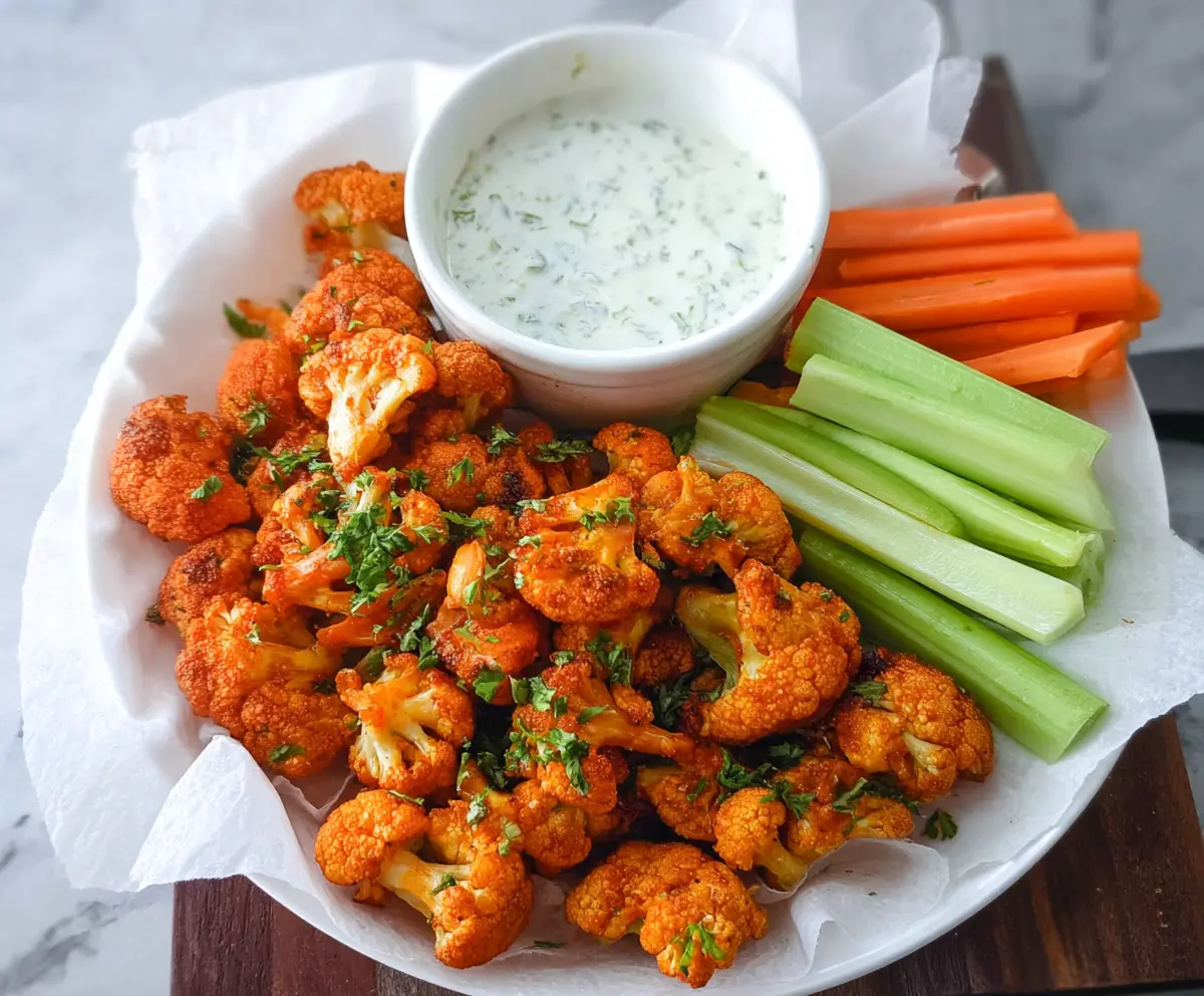 Spicy Buffalo Cauliflower Bites served with blue cheese dipping sauce on a modern plate.