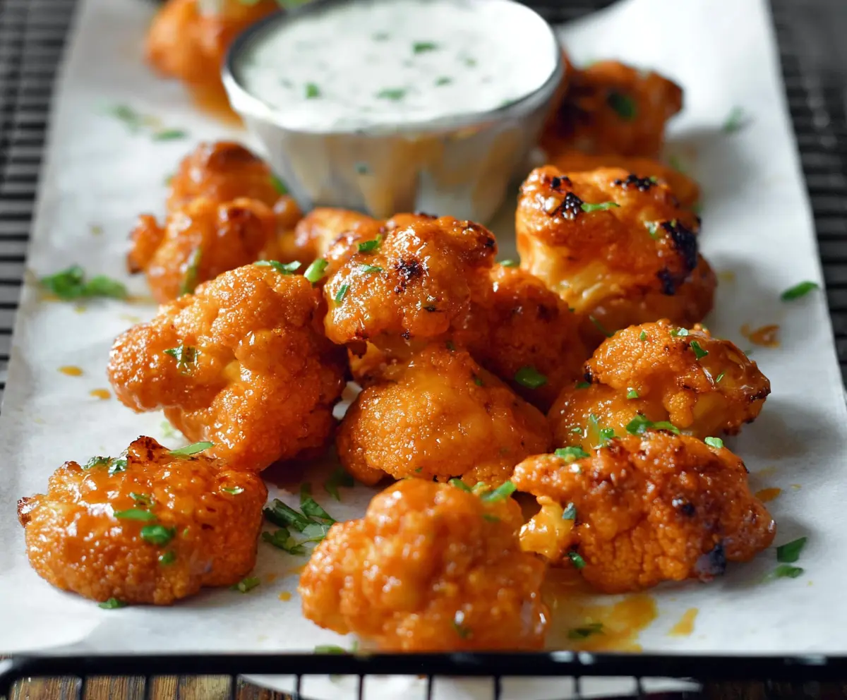 Crispy buffalo cauliflower wings served with celery sticks and blue cheese dressing, perfect for a vegan appetizer.
