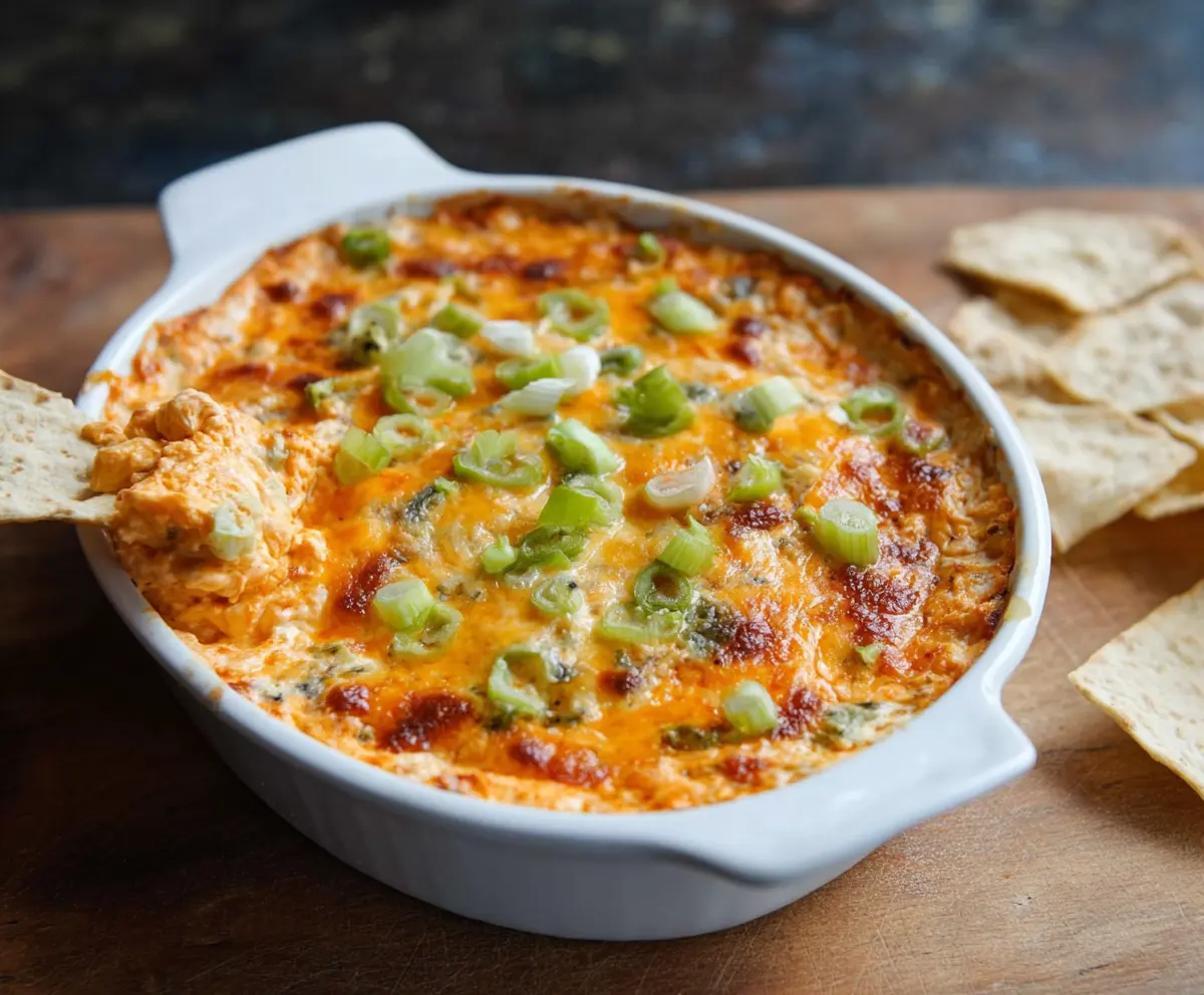 Creamy Buffalo Chicken Dip served with celery and tortilla chips, perfect for parties and game days.