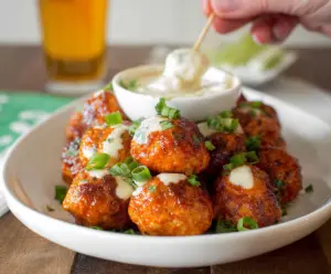 Buffalo chicken meatballs served with bleu cheese dip on a plate, perfect for party appetizers.