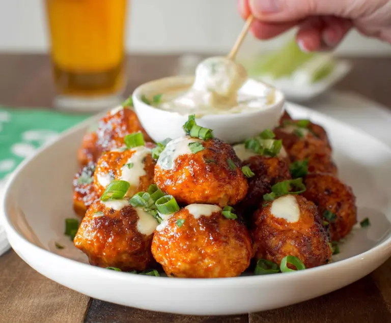 Buffalo Chicken Meatballs With Bleu Cheese Dip