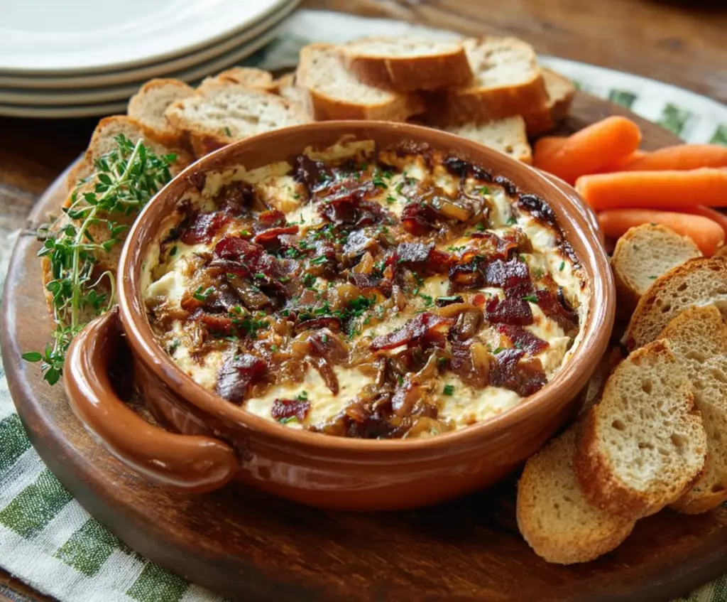 Creamy caramelized onion and crispy bacon dip served in a bowl for a delicious appetizer.