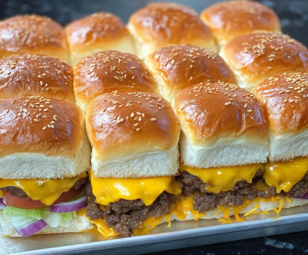 Delicious cheeseburger sliders made with Hawaiian rolls, melted cheese, and juicy beef patties.