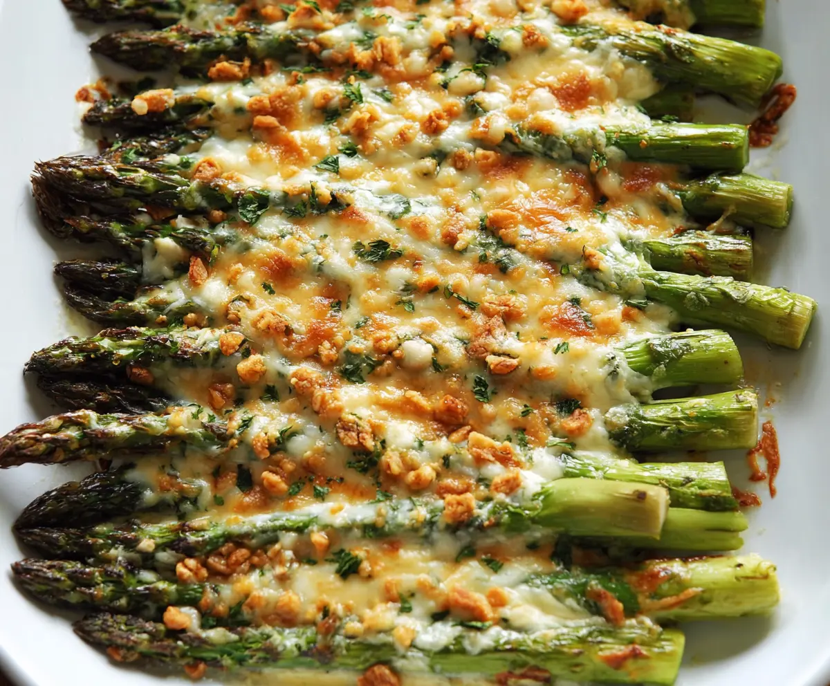 Delicious cheesy baked asparagus served on a white plate, showcasing a crispy golden topping and vibrant green stalks.