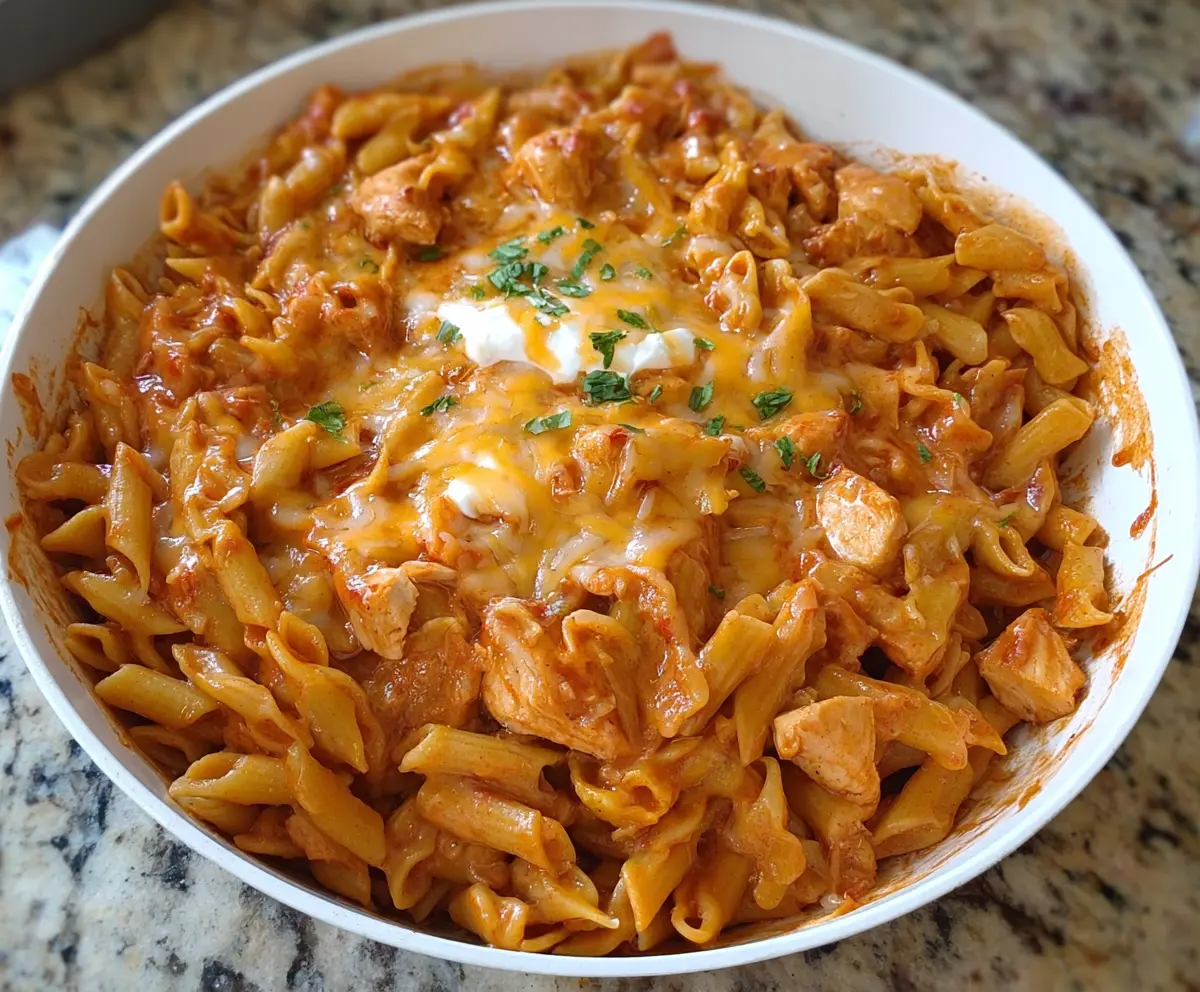 Delicious chicken enchilada pasta with cheesy sauce and flavorful toppings.