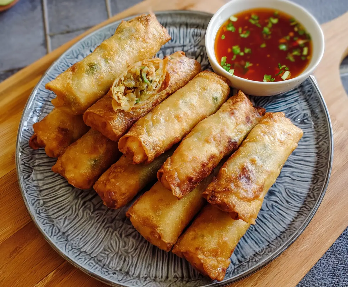 Crispy Chicken Lumpia with vegetable filling on a white plate, served as a delicious appetizer.