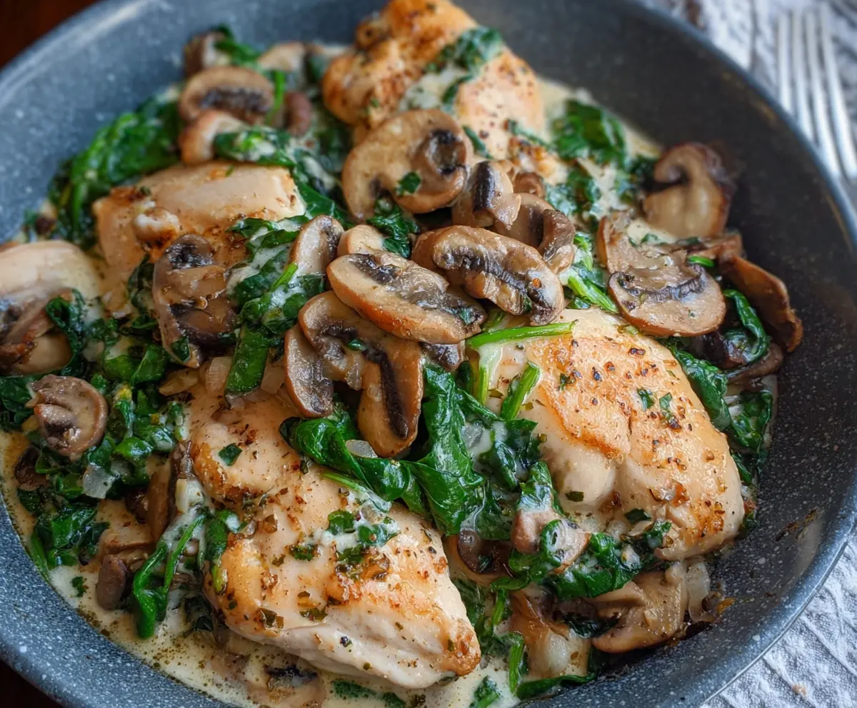 Delicious chicken mushroom and spinach skillet meal, cooked to perfection with fresh ingredients.