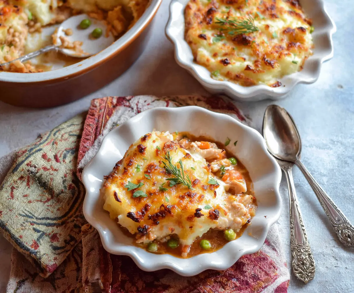 Delicious homemade Chicken Shepherd's Pie topped with mashed potatoes and crispy golden crust.