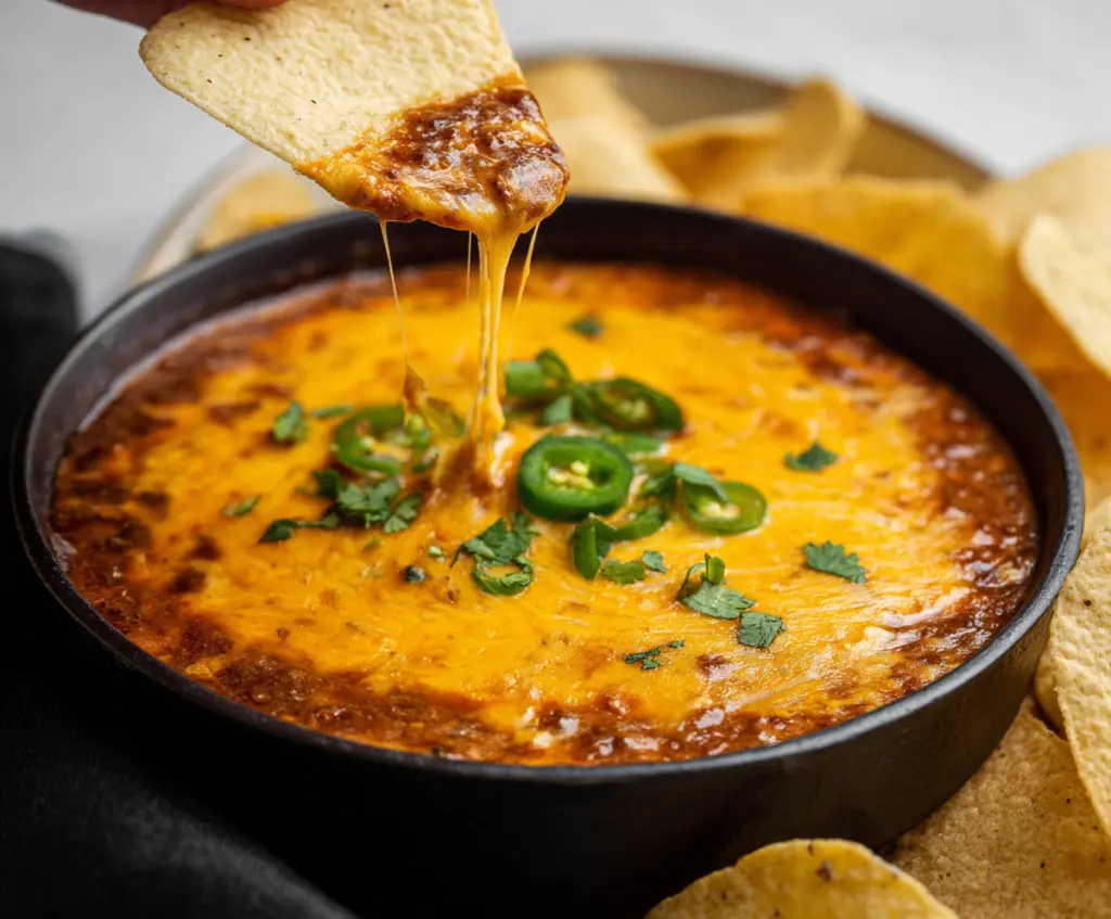 Delicious spicy chili cheese dip served with tortilla chips, perfect for parties and gatherings.