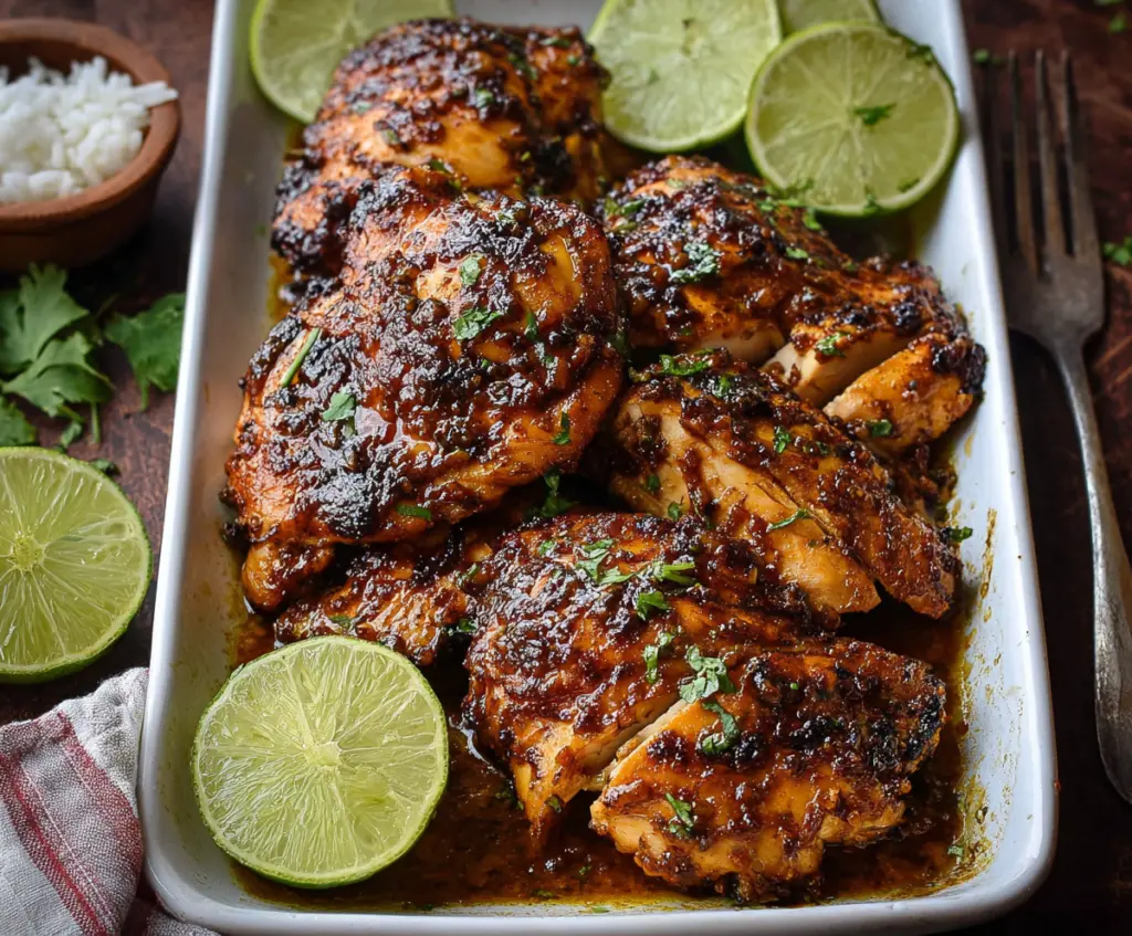Juicy grilled chili lime chicken breasts garnished with fresh herbs on a rustic plate.
