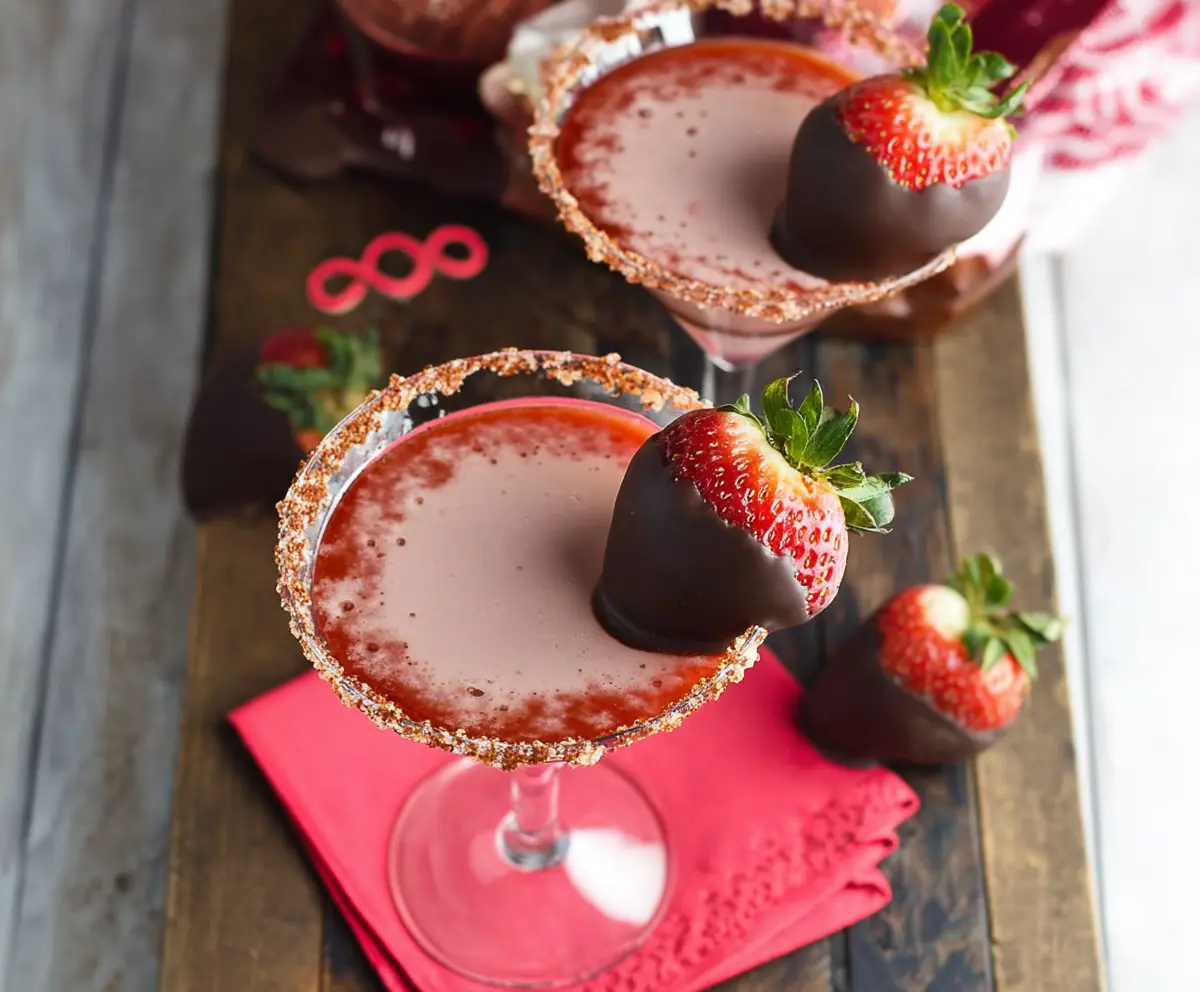 Elegant Chocolate Covered Strawberry Martini served in a stylish glass with fresh strawberries and chocolate drizzle.