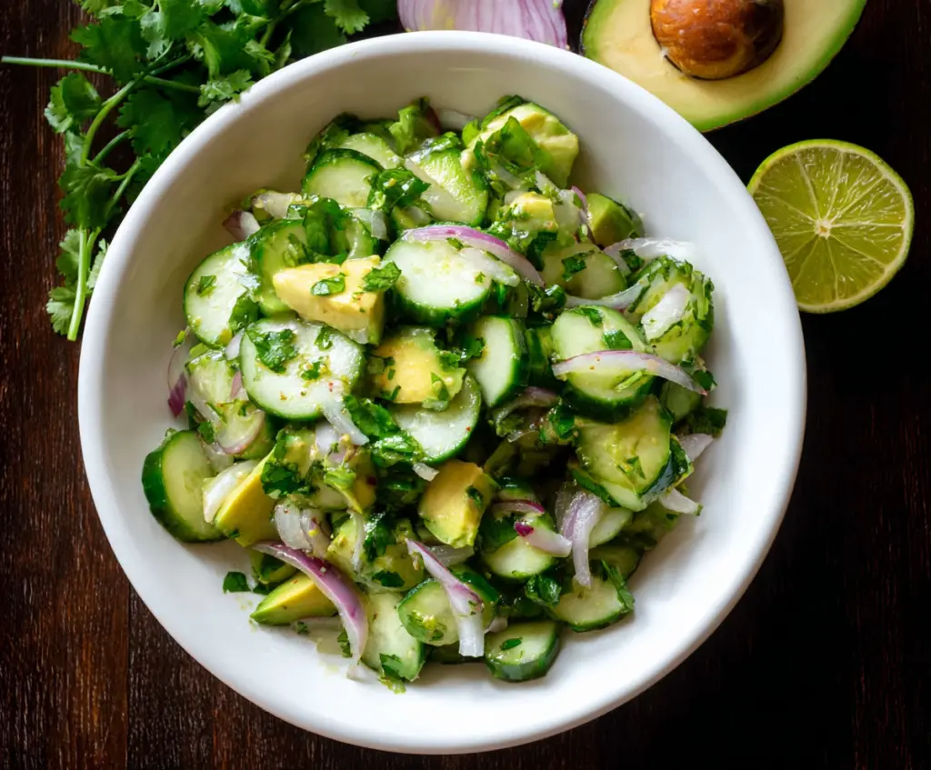 Refreshing cilantro lime cucumber salad with creamy avocado for a healthy snack or side dish.