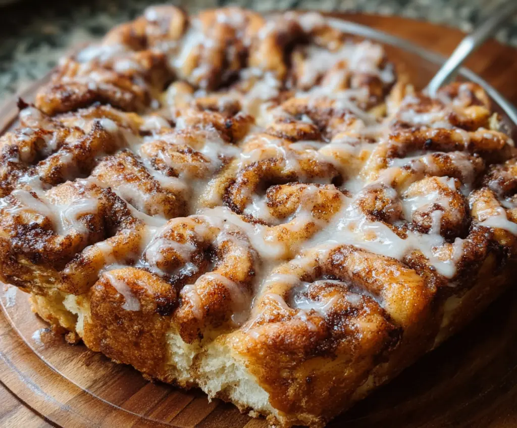Delicious cinnamon roll sourdough focaccia topped with cinnamon swirls and glaze.