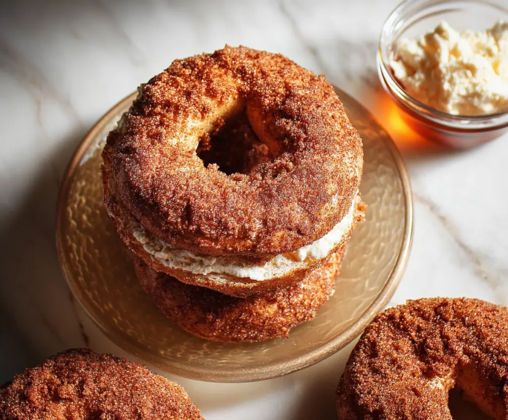 Delicious cinnamon sugar crunch bagels with a golden brown crust and a sweet, spicy topping.