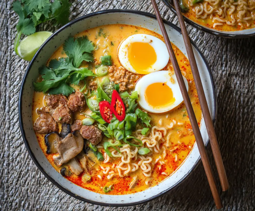 Bowl of Coconut Curry Ramen with vibrant vegetables and tender noodles, highlighting a flavorful Asian-inspired soup.