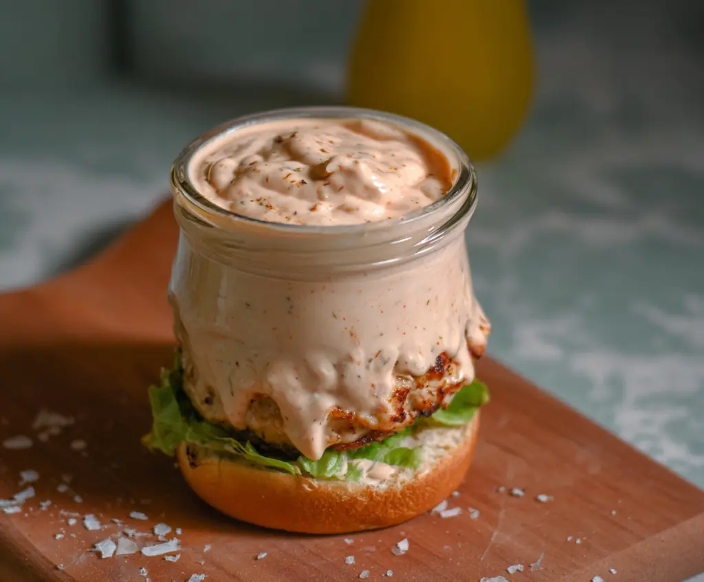 Creamy cottage cheese burger sauce served on a burger with fresh vegetables.