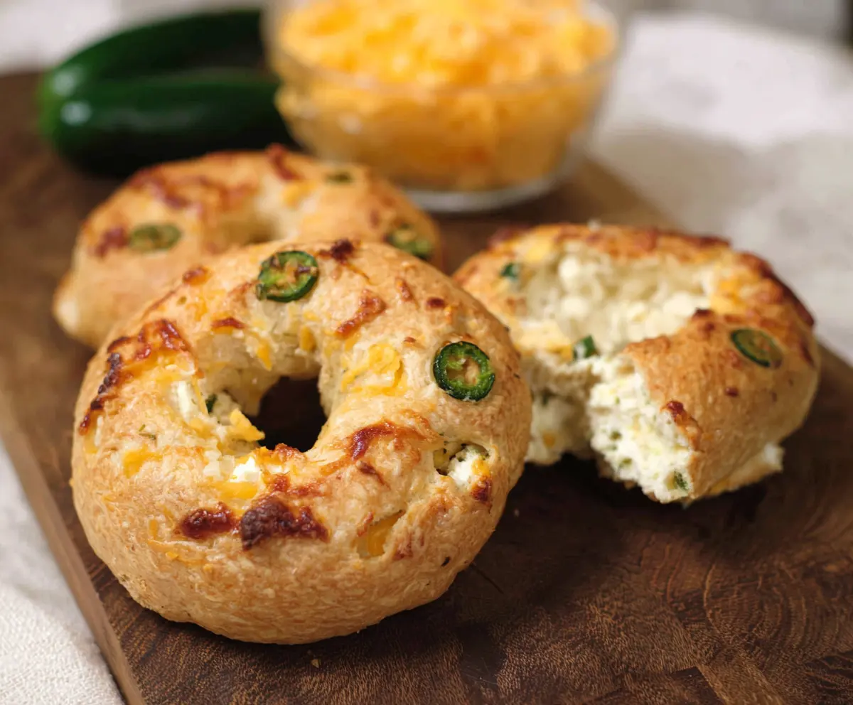 Delicious Cottage Cheese Jalapeño Cheddar Bagels on a plate, showcasing a savory breakfast option.