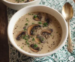 Creamy cottage cheese mushroom soup served in a bowl with fresh herbs for a savory meal.