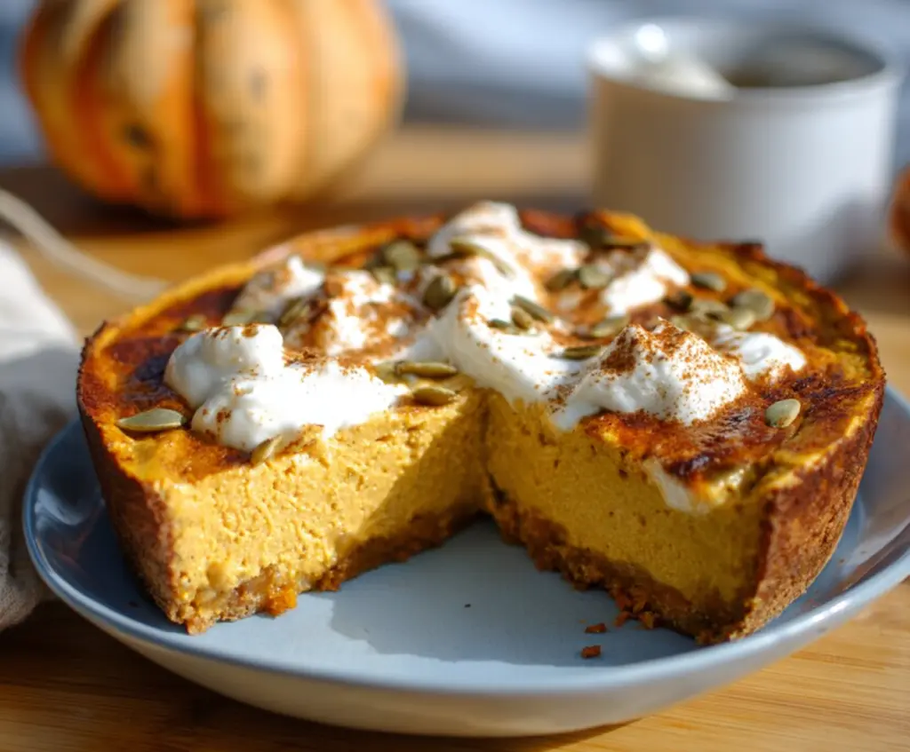 Creamy cottage cheese and pumpkin bake served in a baking dish, garnished with herbs