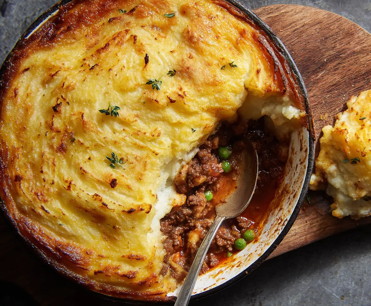 Delicious homemade cottage pie with golden mashed potato topping and savory beef filling.