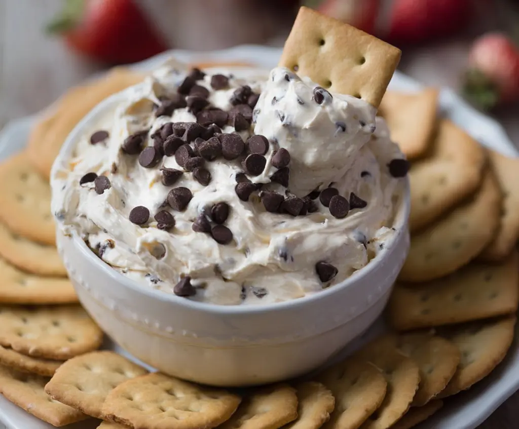 Cream cheese chocolate chip dip served with fresh fruit and cookies, perfect for snacks and parties.