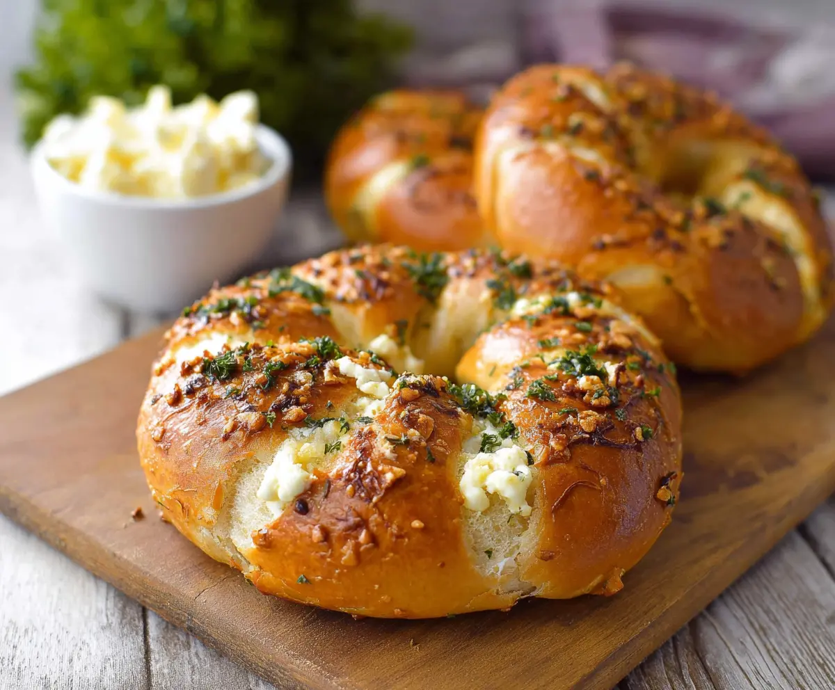 Delicious cream cheese stuffed garlic bagels fresh out of the oven, showcasing their golden crust and savory filling.