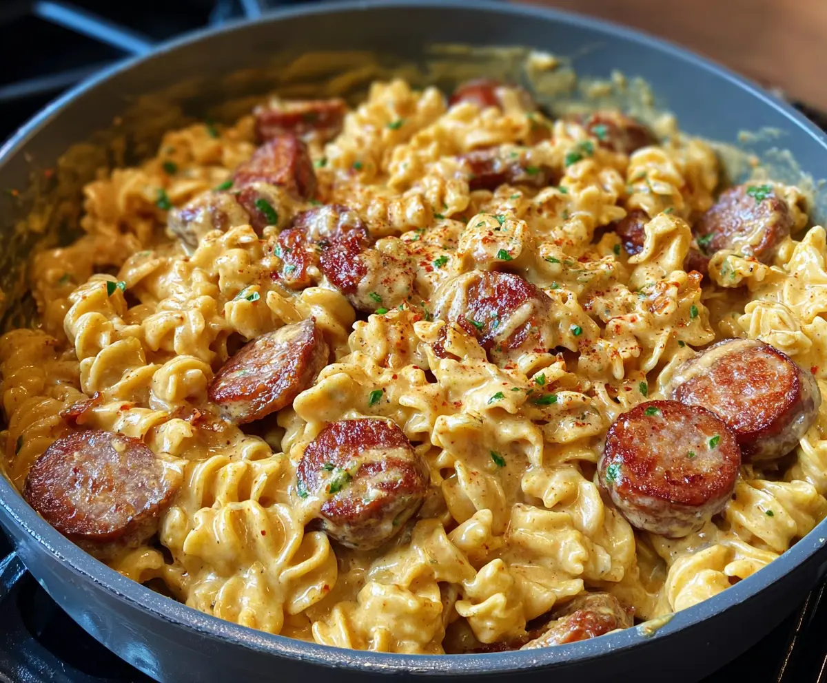 Delicious creamy Cajun sausage pasta served on a plate, garnished with fresh herbs.