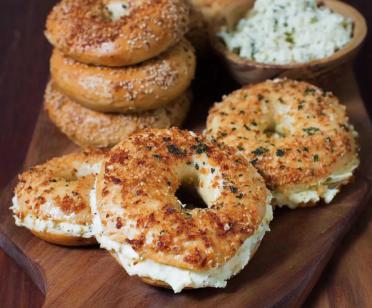 Delicious creamy cheddar bagels with melted cheese on top, perfect for breakfast or snacks.