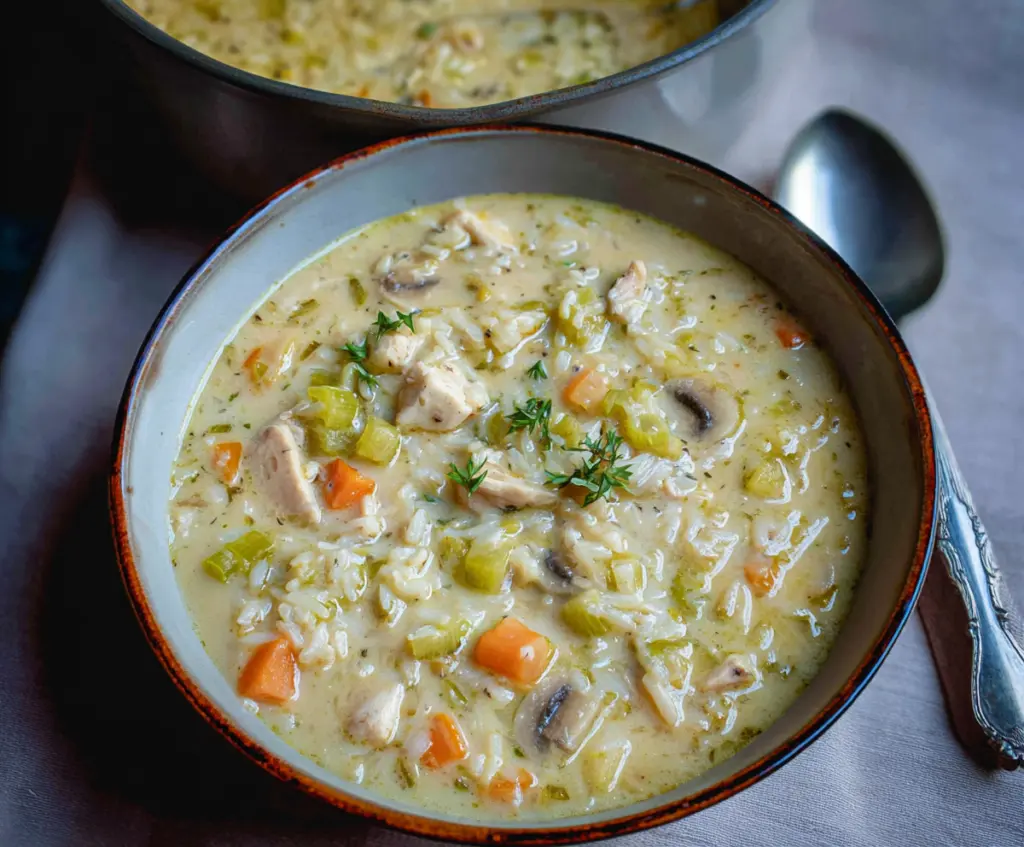 Creamy leek, chicken, and rice soup served in a bowl, garnished with fresh herbs.