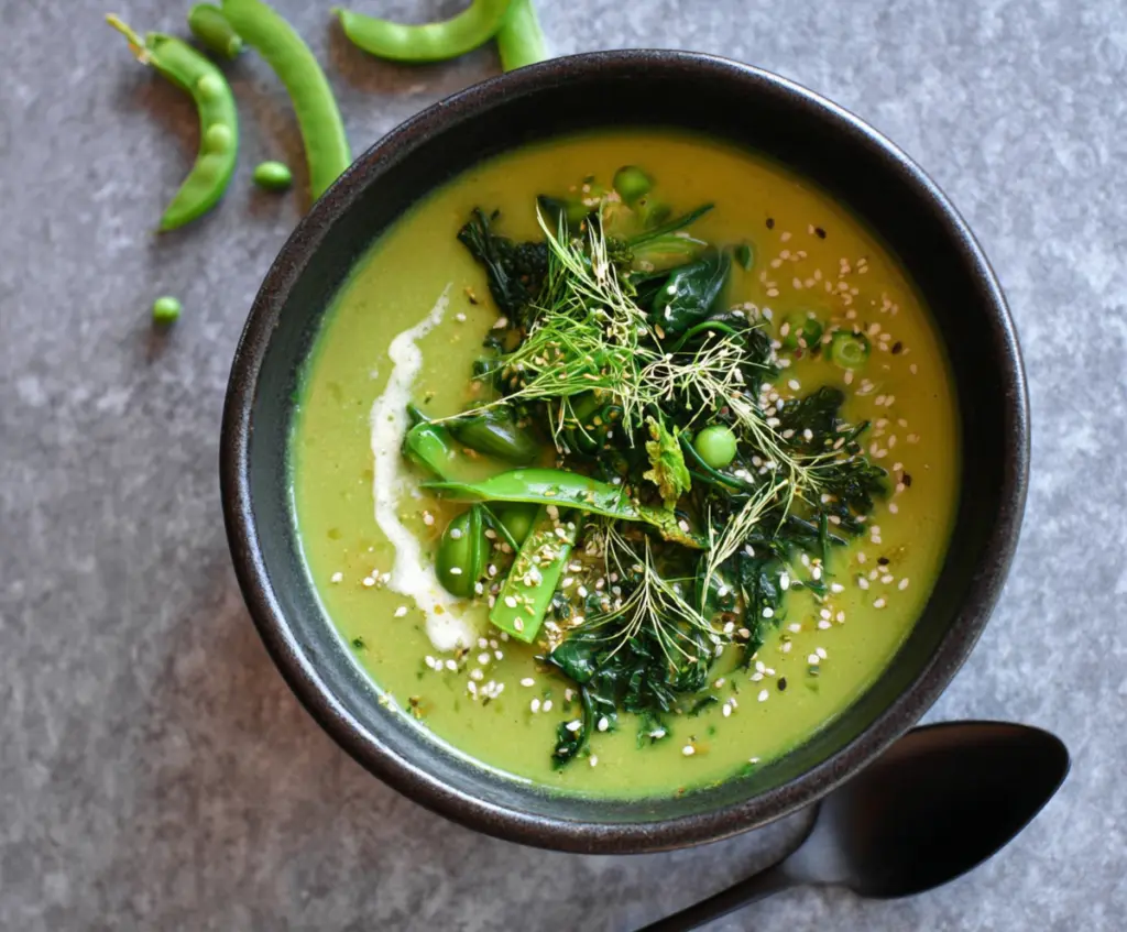 Creamy Spring Greens Soup served in a bowl with fresh herbs and crusty bread on the side.
