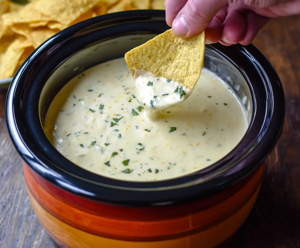 Creamy Crock Pot Queso Blanco Dip served in a bowl with tortilla chips for a savory appetizer.