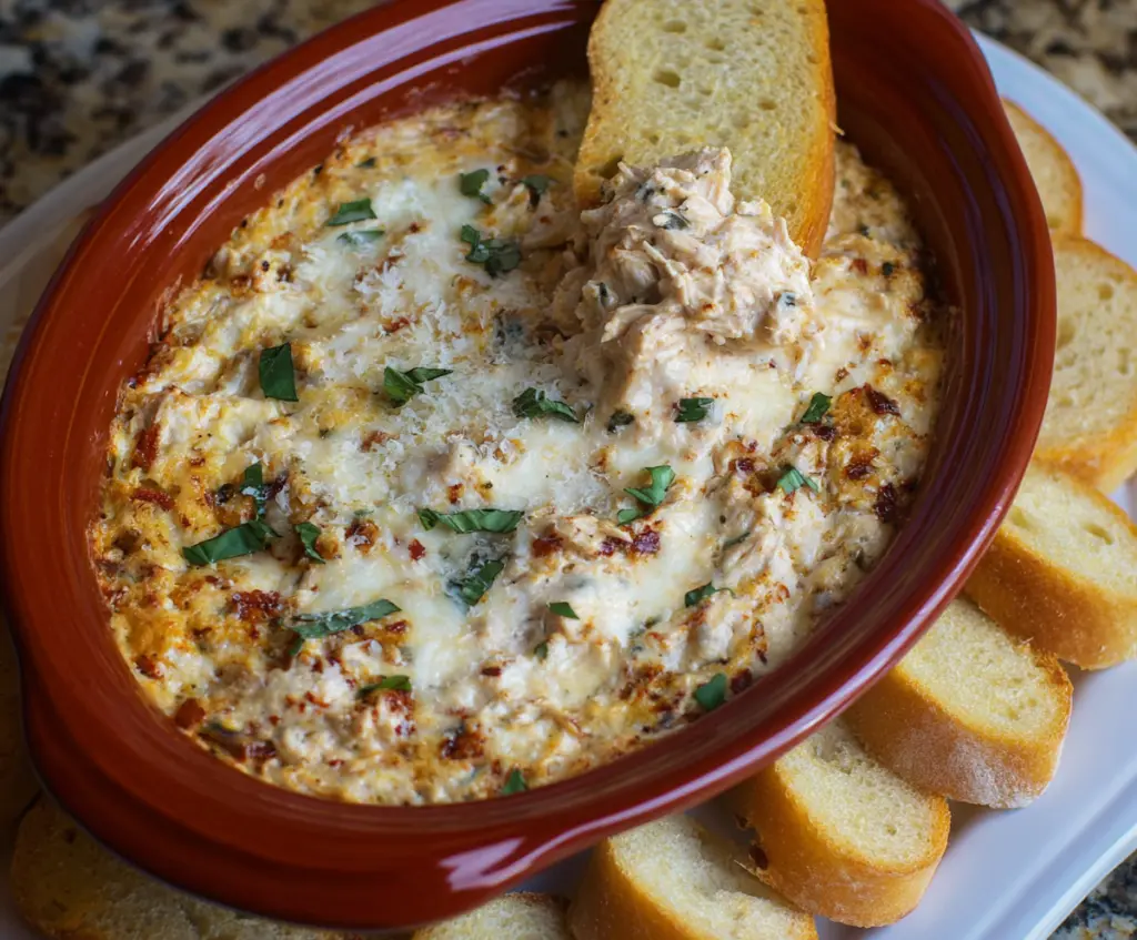 Creamy Crockpot Marry Me Chicken Dip served with fresh herbs and bread for a delicious appetizer.