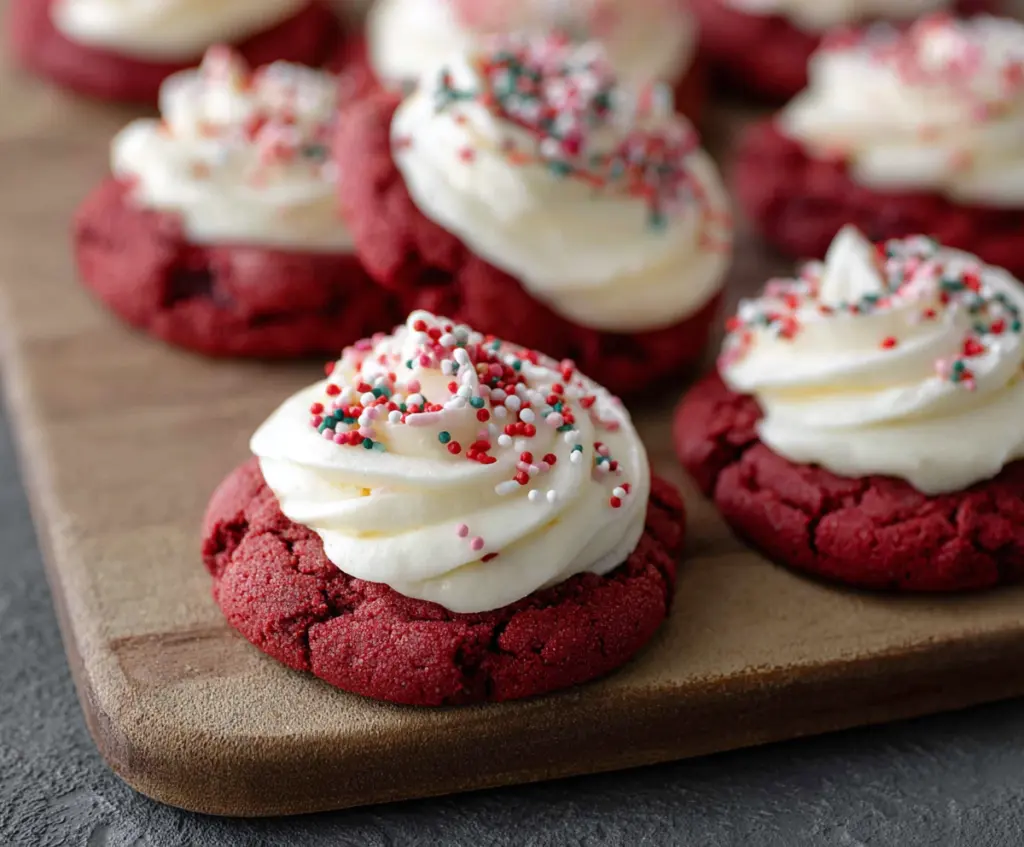 Delicious Crumbl Red Velvet Cupcake Cookies featuring creamy frosting and vibrant red velvet flavor.