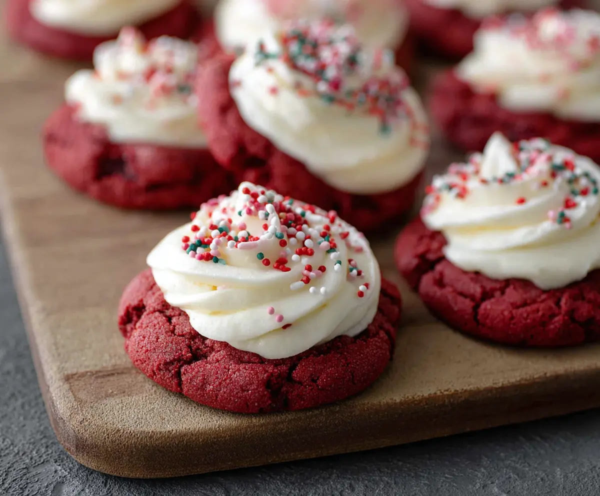 Delicious Crumbl Red Velvet Cupcake Cookies featuring creamy frosting and vibrant red velvet flavor.