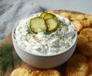 Creamy dill pickle dip served in a bowl, garnished with fresh dill for a flavorful appetizer.