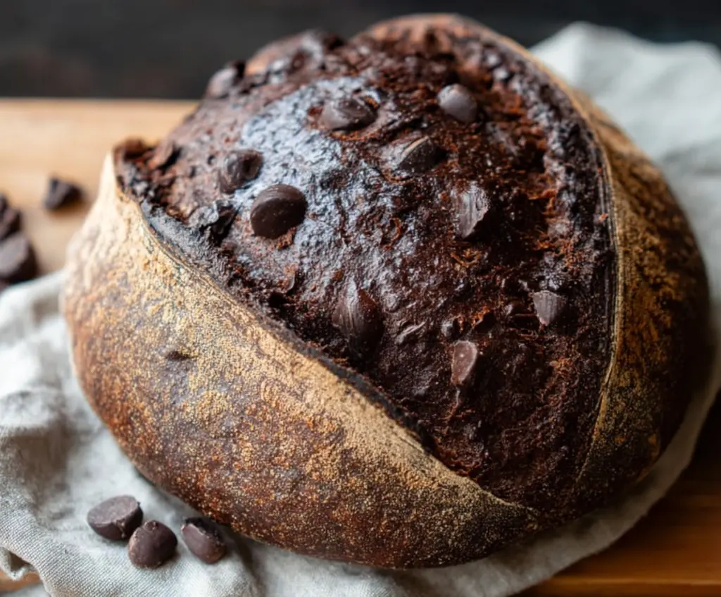 A freshly sliced double chocolate sourdough bread with a dark, glossy crust and rich chocolate swirls inside.