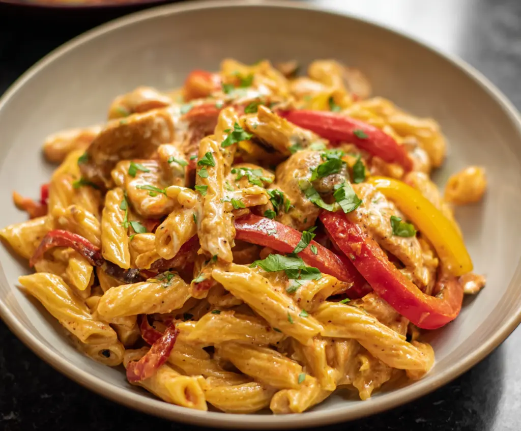 Delicious Fajita Pasta with colorful bell peppers and melted cheese on top