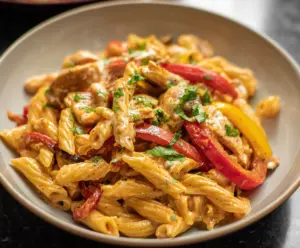 Delicious Fajita Pasta with colorful bell peppers and melted cheese on top